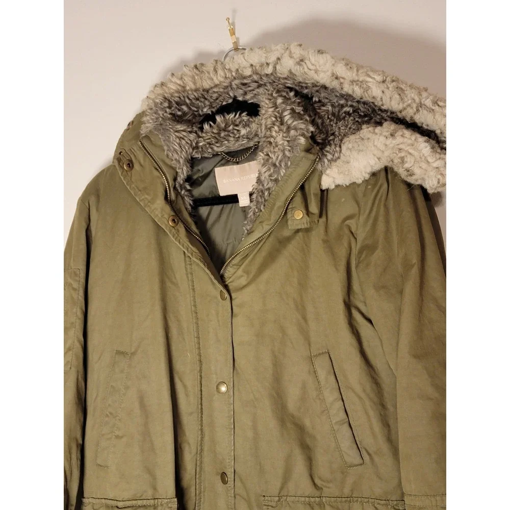 Banana Republic Faux Fur-lined Hooded Parka Coat Jacket Full Zip‎ Olive Green XS